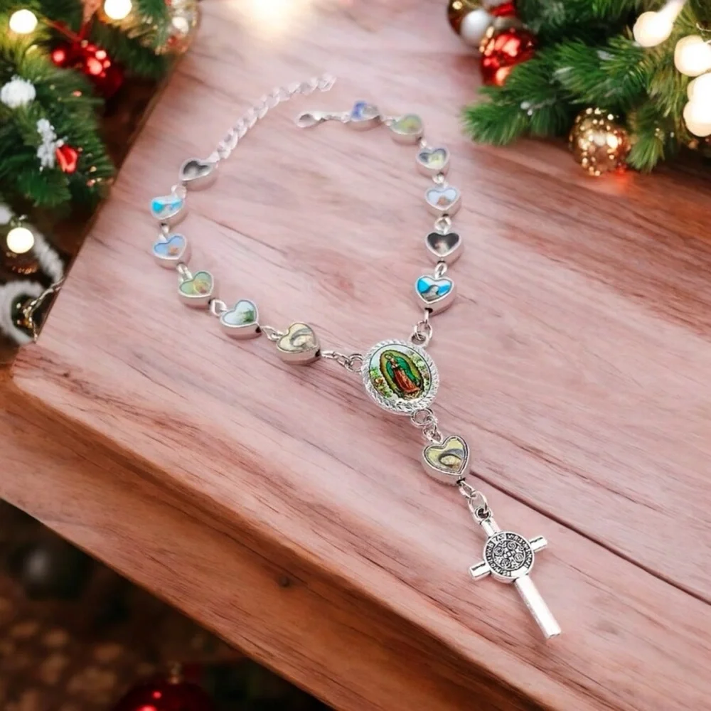Lovely Heart Shaped Cross Pendant Rosary Bracelet, Virgin Charm Silver Plated‎